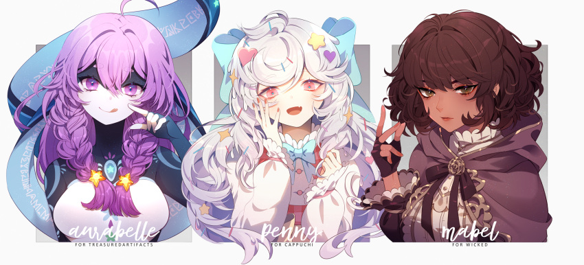 3girls, :q, ahoge, black_skin, blue_bow, blue_bowtie, blue_ribbon, blush