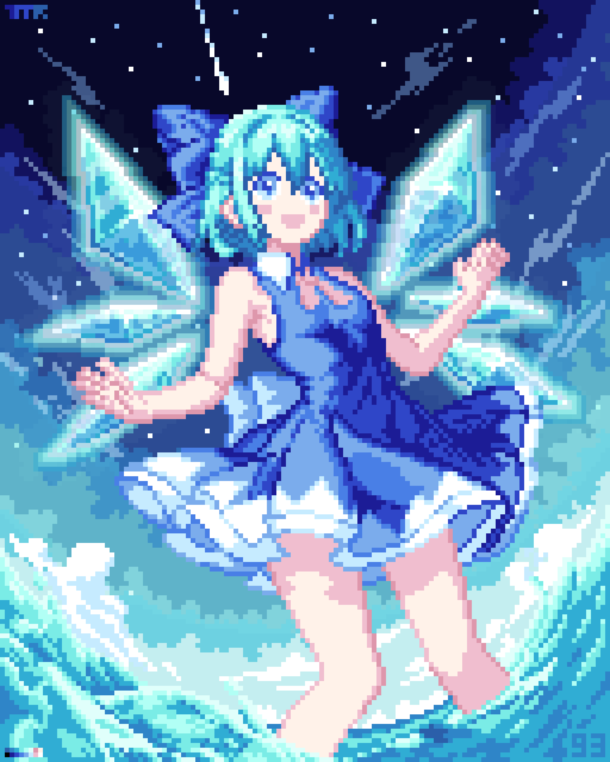 1girl, absurdres, blue_dress, blue_eyes, blue_hair, blush, blush_stickers, cirno