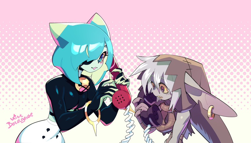 2boys, animal_ears, aqua_hair, aqua_skin, bell, blue_eyes, borrowed_character, bracelet