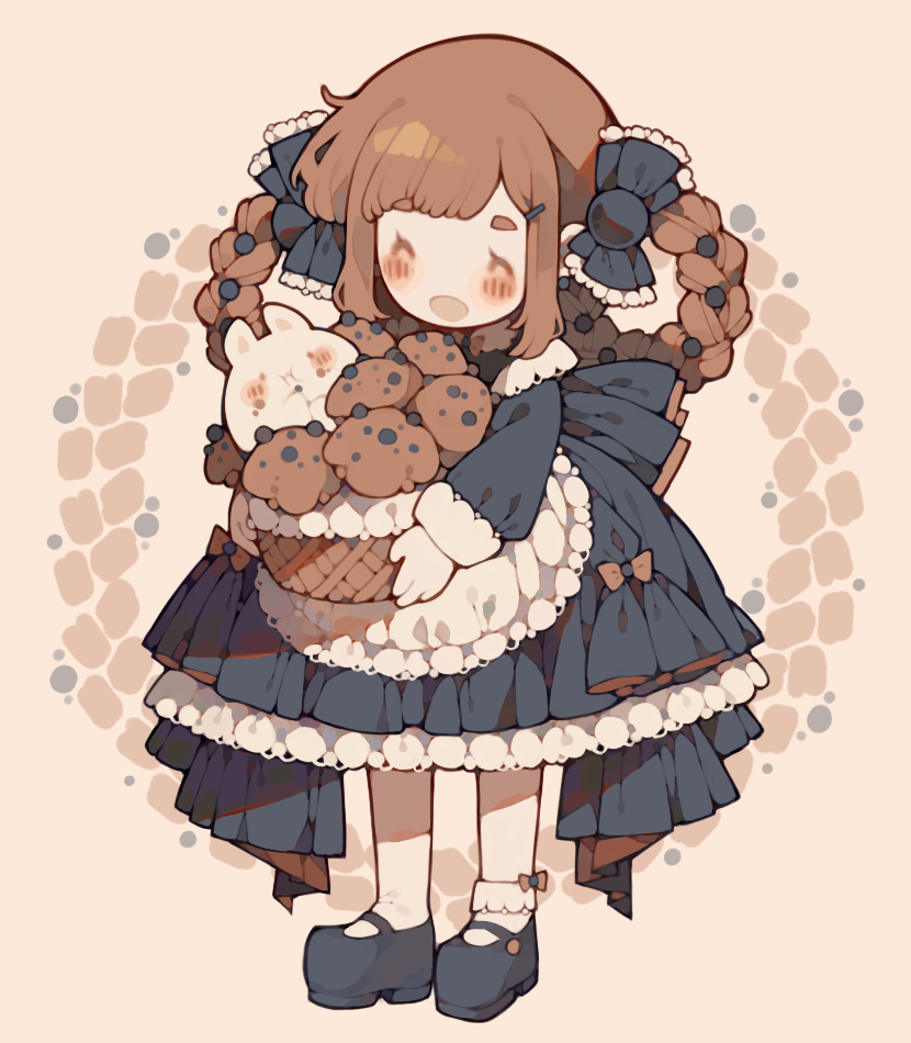 1girl, ^_^, animal_ears, apron, artist_self-insert, asymmetrical_legwear, back_bow, basket
