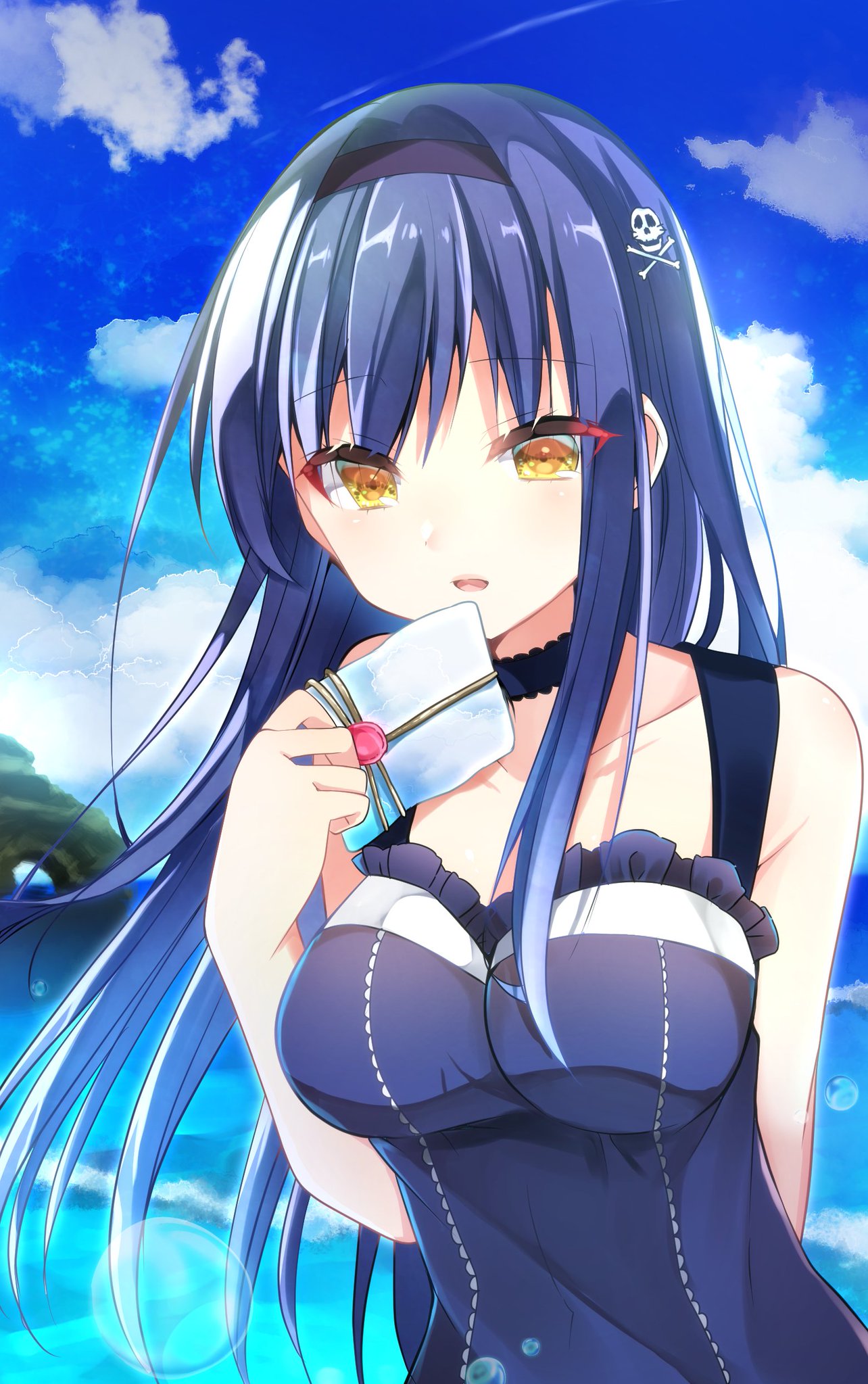 1girl, arm_behind_back, black_choker, black_dress, black_hair, blue_sky, bone_hair_ornament, breasts