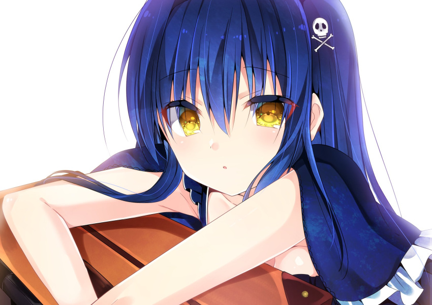 1girl, black_capelet, black_hair, blush, bone_hair_ornament, capelet, close-up, commentary_request