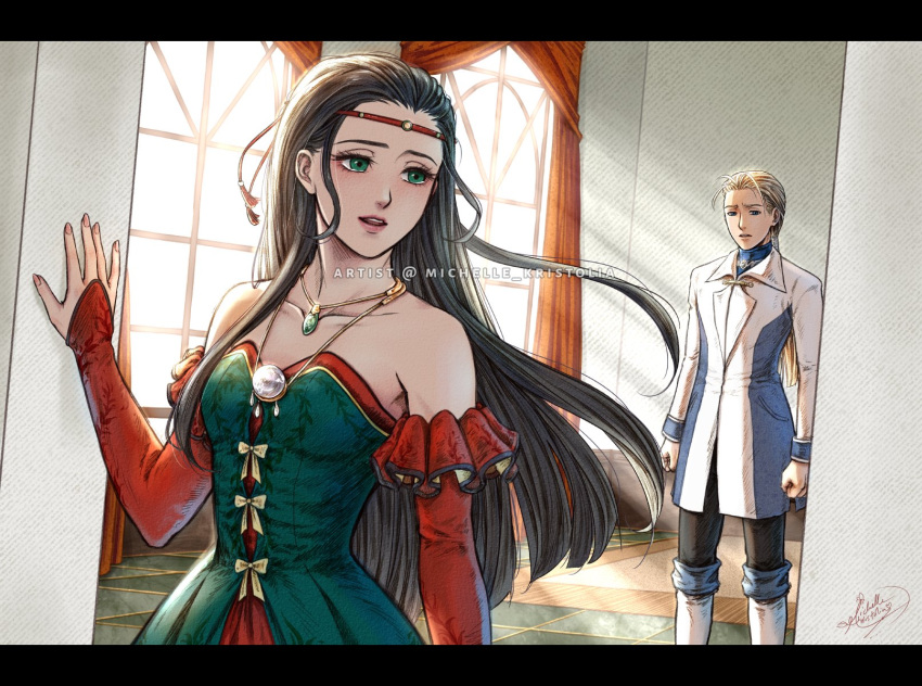 1boy, 1girl, black_hair, blonde_hair, couple, dress, gensou_suikoden, gensou_suikoden_ii