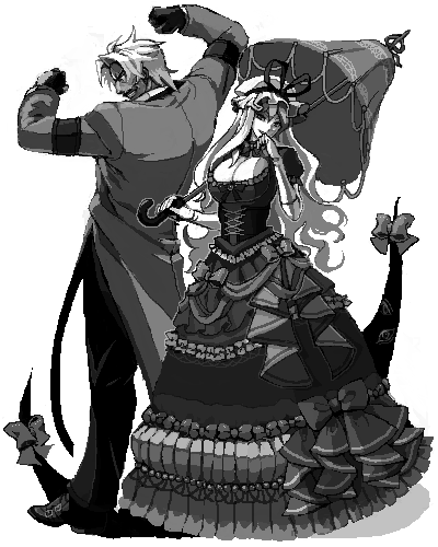 breasts, cleavage, lowres, m.u.g.e.n, monochrome, pixel_art, rugal_bernstein, saccharin, snk, touhou, yakumo_yukari