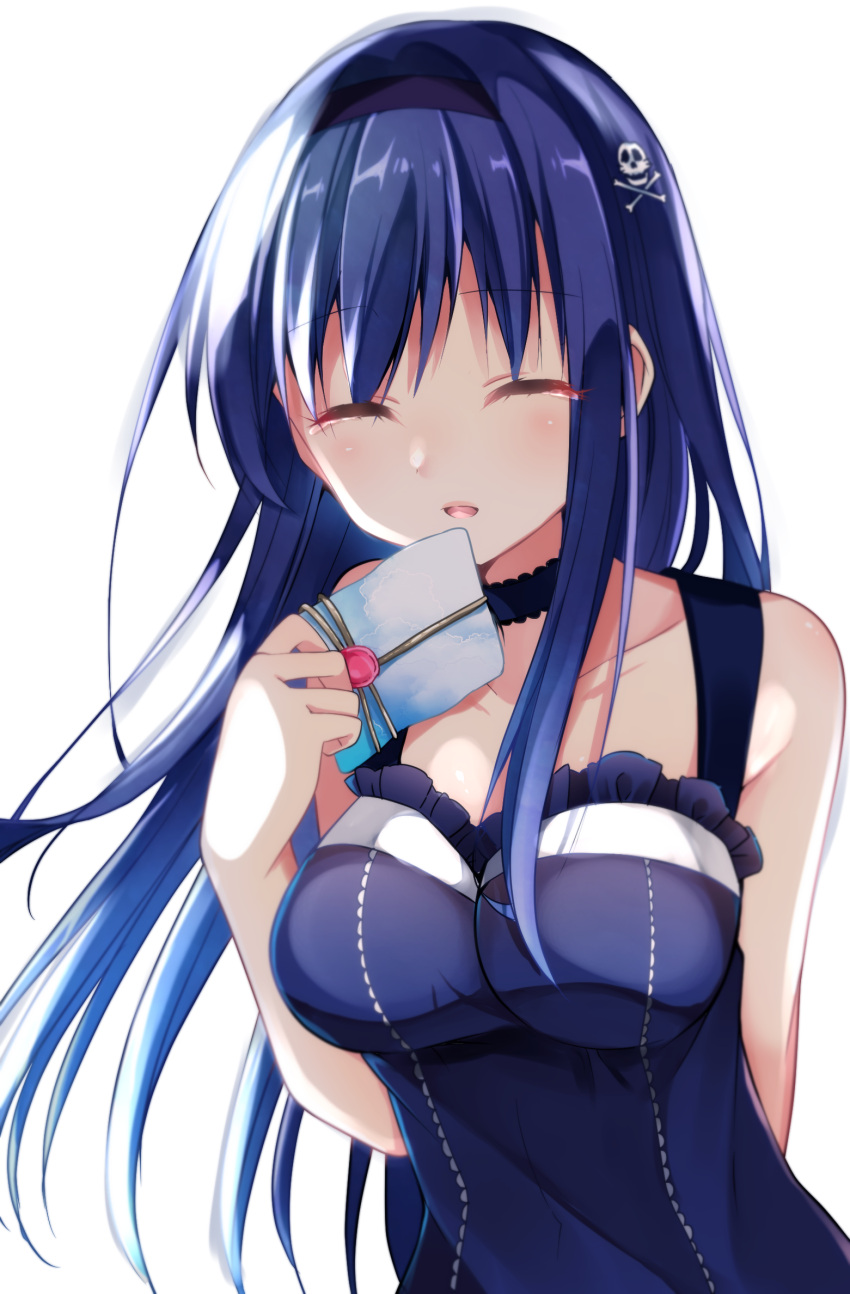 1girl, arm_behind_back, black_choker, black_dress, black_hair, blush, bone_hair_ornament, breasts