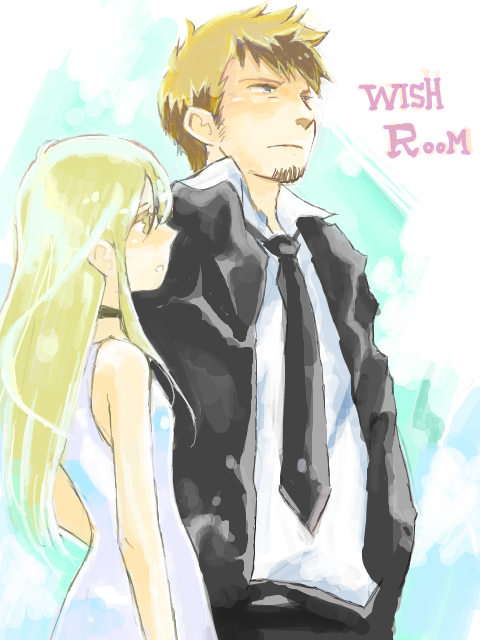 brown_hair, choker, cing, dress, formal, grey_eyes, hotel_dusk, kyle_hyde, long_hair, mila_evans, necktie, short_hair, sleeveless, sleeveless_dress, suit, yellow_eyes