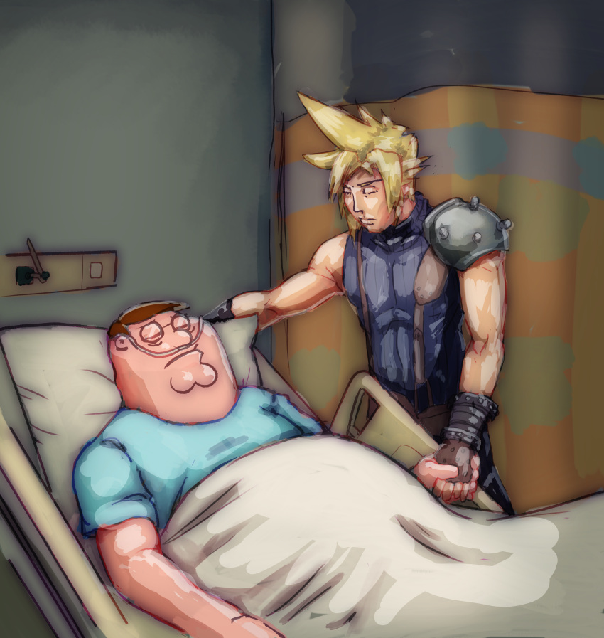 2boys, absurdres, armor, bed, black_shirt, blonde_hair, blue_shirt, bodko_(comradebodko)