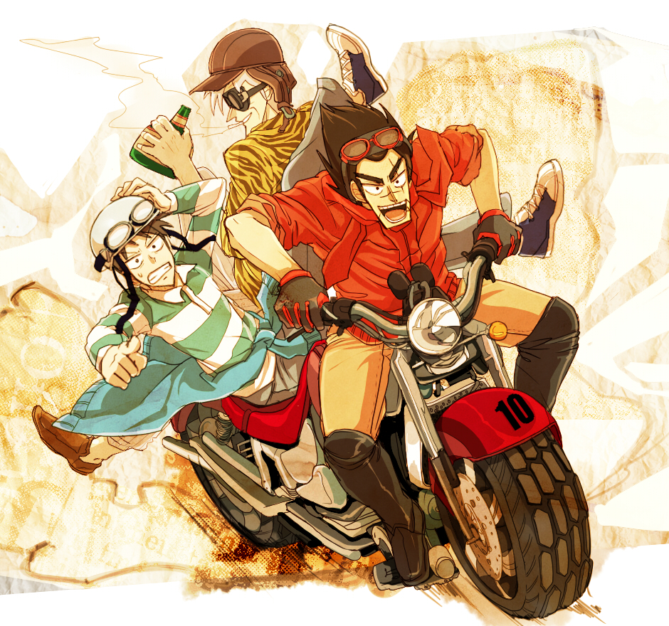 3boys, akagi_shigeru, animal_print, black_footwear, black_gloves, blue_cardigan, bomber_hat, boots