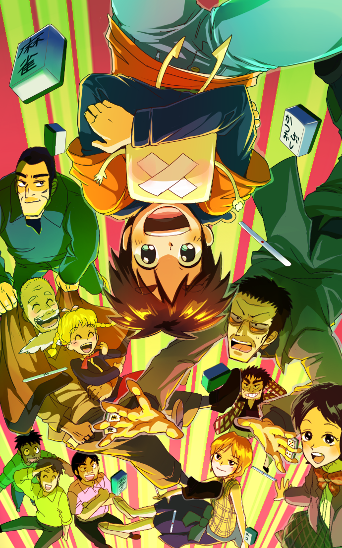 3girls, 6+boys, atsuize_pen-chan, black_eyes, black_hair, black_skirt, blonde_hair, blue_pants