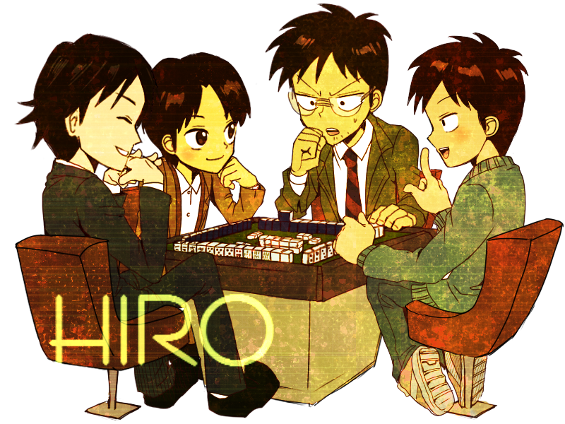 4boys, age_progression, black_eyes, black_footwear, brown_coat, brown_hair, brown_jacket, closed_eyes