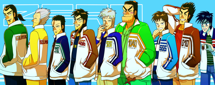 6+boys, akagi:_yami_ni_oritatta_tensai, akagi_shigeru, arm_behind_head, black_eyes, black_hair, blue_background, blue_jacket