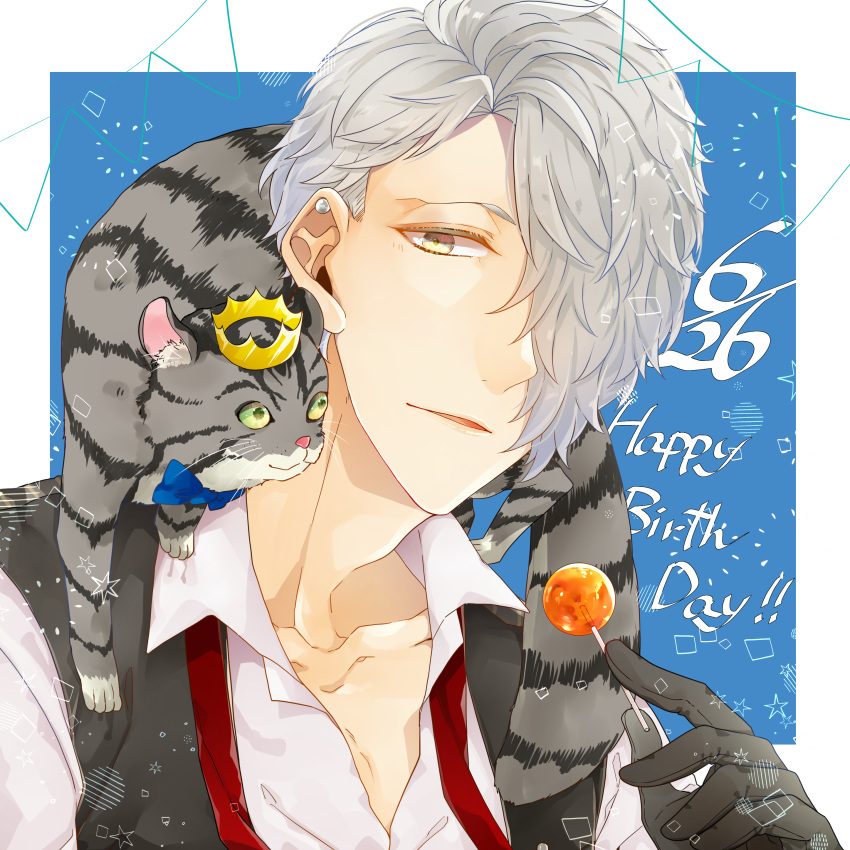 1boy, absurdres, animal_on_shoulder, black_gloves, black_vest, blue_background, blue_bow, bow