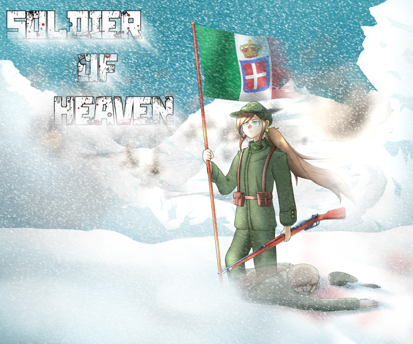 124638795684234879, 1girl, absurdres, blizzard, bolt_action, carcano, flag, flagpole