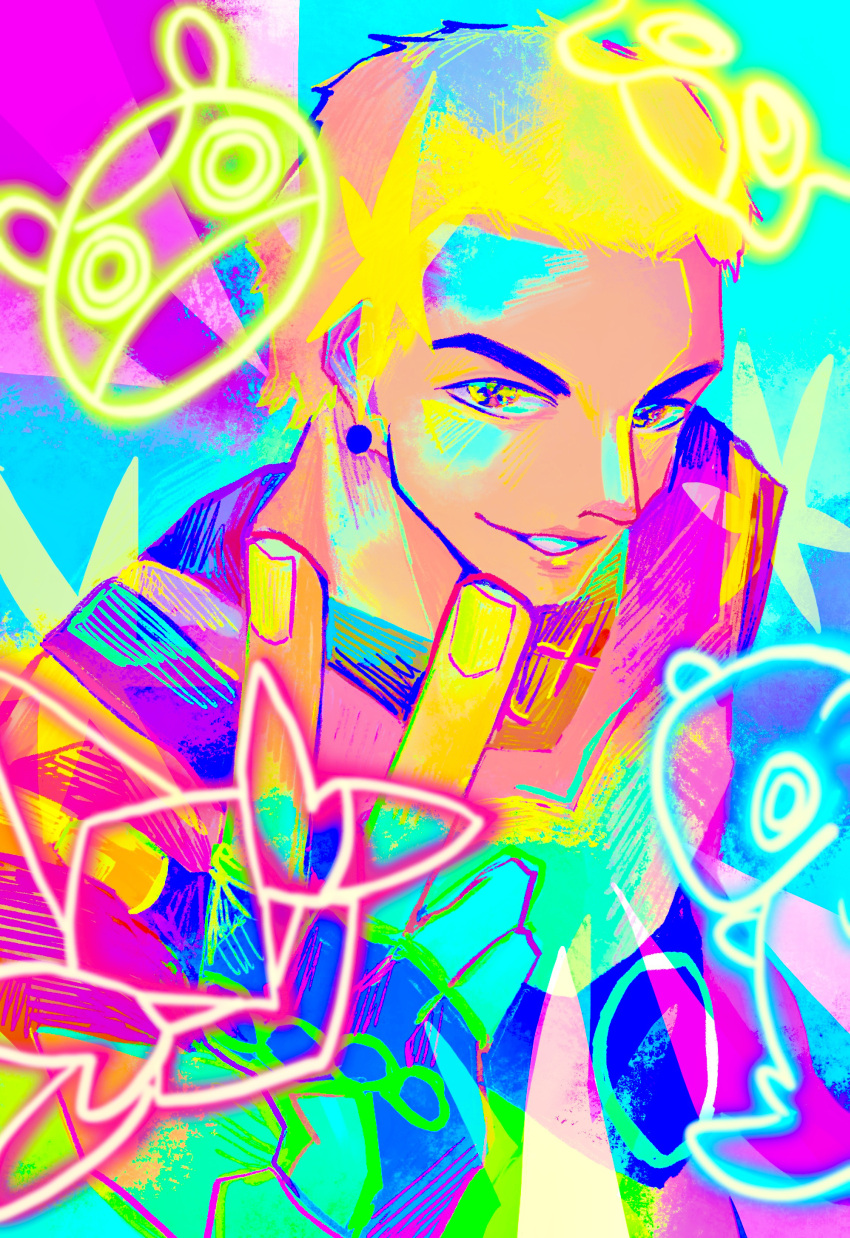 1boy, absurdres, brown_hair, colorful, commentary, doodle_inset, earrings, fingerless_gloves, forehead, gekko_(valorant), gloves, grin, hand_up, happy, highres, jewelry, looking_at_viewer, male_focus, multicolored_eyes, otonoha_aika, short_hair, smile, solo, teeth, upper_body, v, valorant