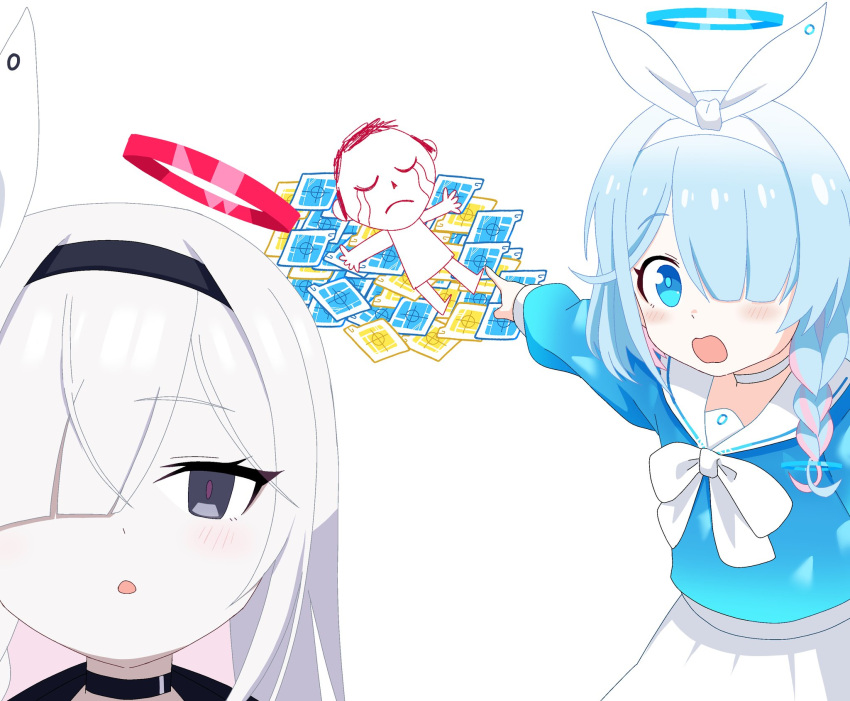 1boy, 2girls, arona's_sensei_doodle_(blue_archive), arona_(blue_archive), black_choker, black_eyes, black_hairband, blue_archive