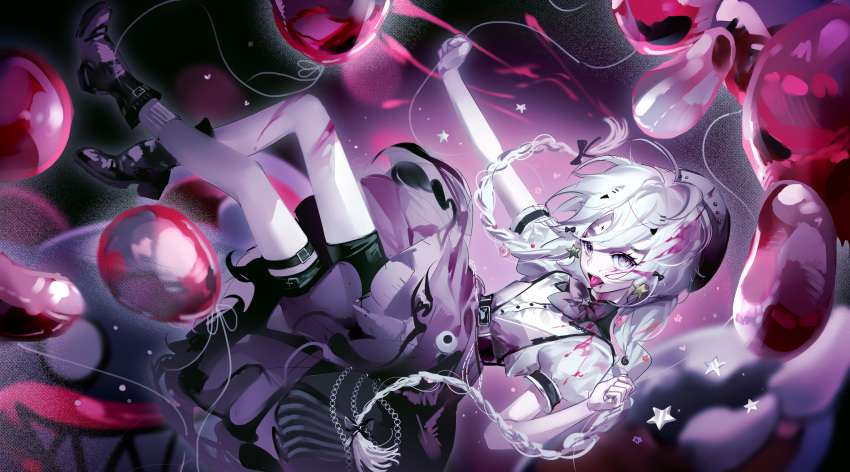 1girl, absurdres, ankle_boots, arm_up, balloon_animal, balloon_party, belt, beret