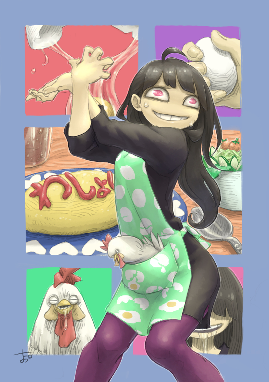 1girl, ahoge, animal, animal_in_clothes, apron, arched_back, arms_up, bags_under_eyes