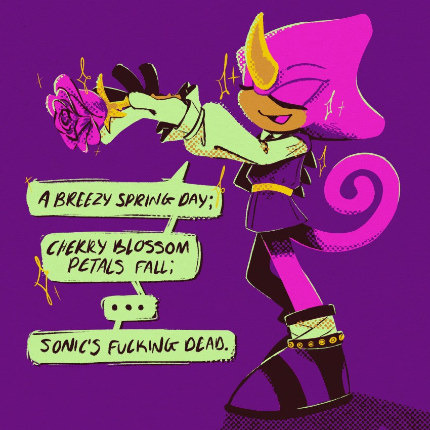 1boy, closed_eyes, commentary, curled_tail, english_commentary, english_text, espio_the_chameleon, flower