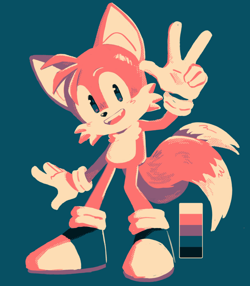 1boy, animal_ears, animal_nose, blue_background, body_fur, color_guide, commentary, english_commentary, fangs, fox_boy, fox_ears, fox_tail, full_body, furry, furry_male, gloves, halftone, highres, lemonlumens, limited_palette, looking_at_viewer, male_focus, multiple_tails, open_mouth, orange_fur, shoes, simple_background, smile, solo, sonic_(series), standing, tail, tails_(sonic), two_tails, v, white_fur, white_gloves