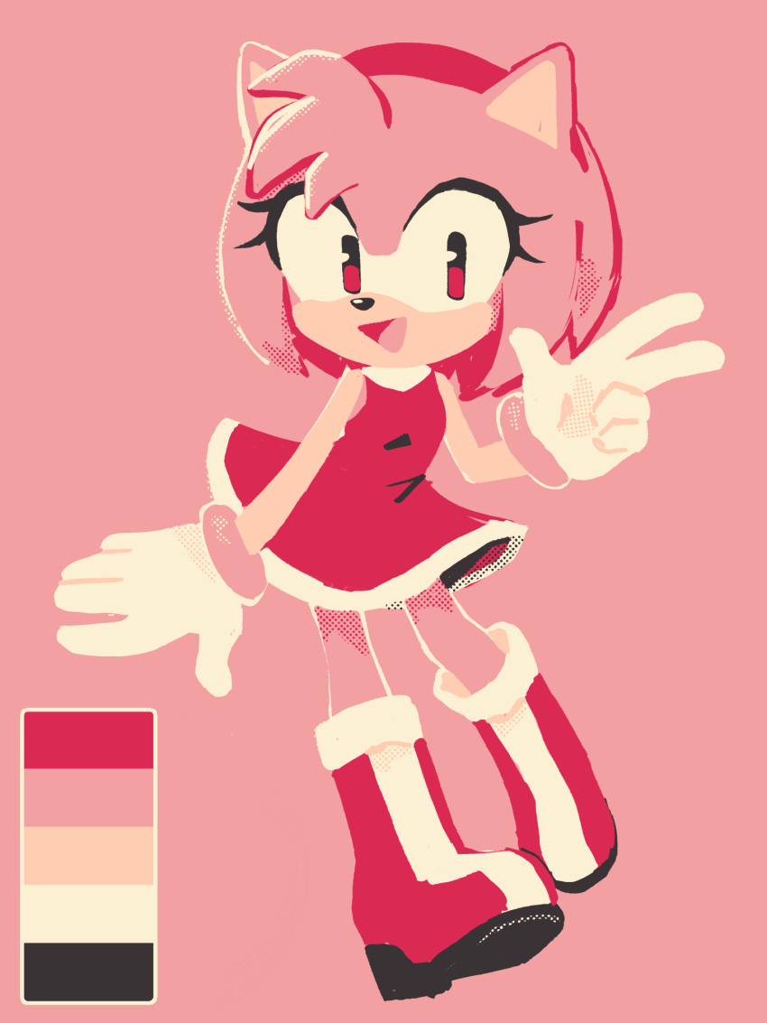 1girl, amy_rose, animal_ears, animal_nose, boots, bracelet, commentary, dress, english_commentary, full_body, furry, furry_female, gloves, hairband, halftone, highres, jewelry, lemonlumens, limited_palette, looking_at_viewer, open_mouth, pink_background, pink_theme, red_dress, red_footwear, simple_background, smile, solo, sonic_(series), white_gloves