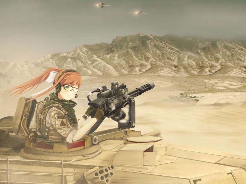 1girl, aircraft, airplane, alternate_costume, american_flag, ammunition_pouch, black-framed_eyewear, blush