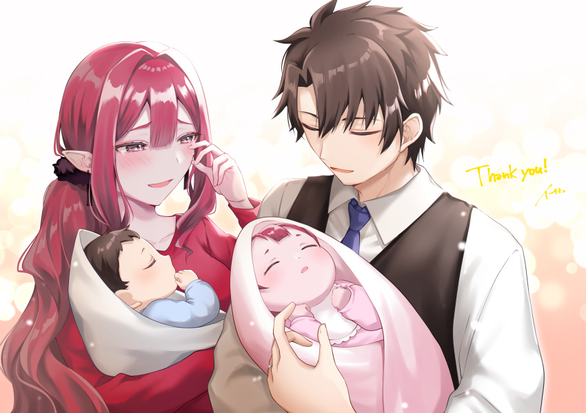 absurdres, baby, baobhan_sith_(fate), bib, black_hair, blush, breasts, family