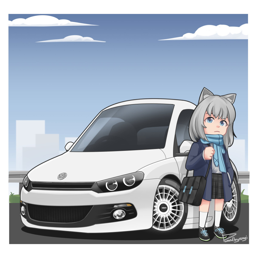 1girl, absurdres, animal_ears, bag, blue_archive, car, chibi, closed_mouth, fake_animal_ears, highres, looking_at_viewer, motor_vehicle, pwnedbyusagi, school_bag, school_uniform, shiroko_(blue_archive), short_hair, solo, volkswagen