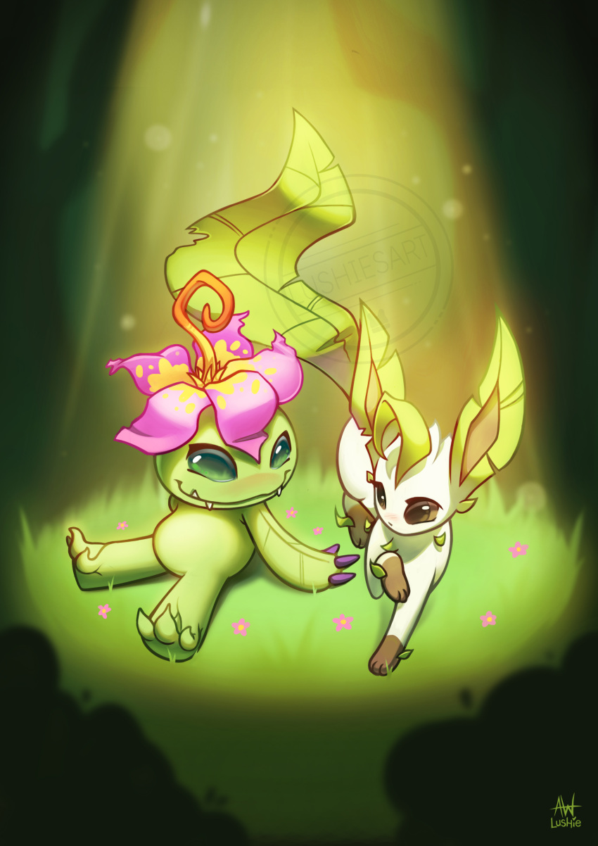 absurdres, artist_logo, artist_name, digimon, digimon_(creature), flower, grass, highres