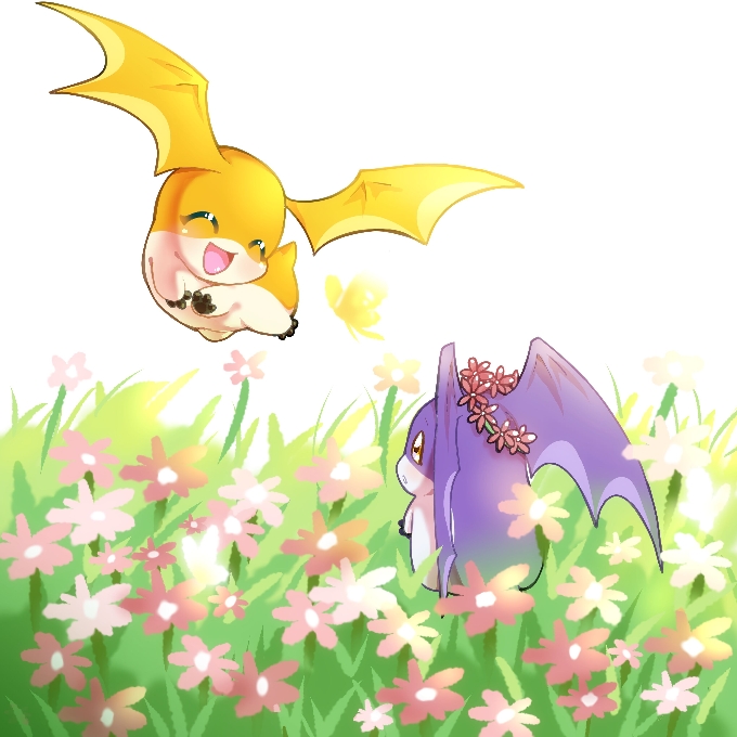 closed_eyes, digimon, flower, grass, happy, head_wings, head_wreath, looking_at_another, no_humans, open_mouth, patamon, pink_flower, red_flower, smile, tukaimon, user_ypsa7348, white_sky, wings