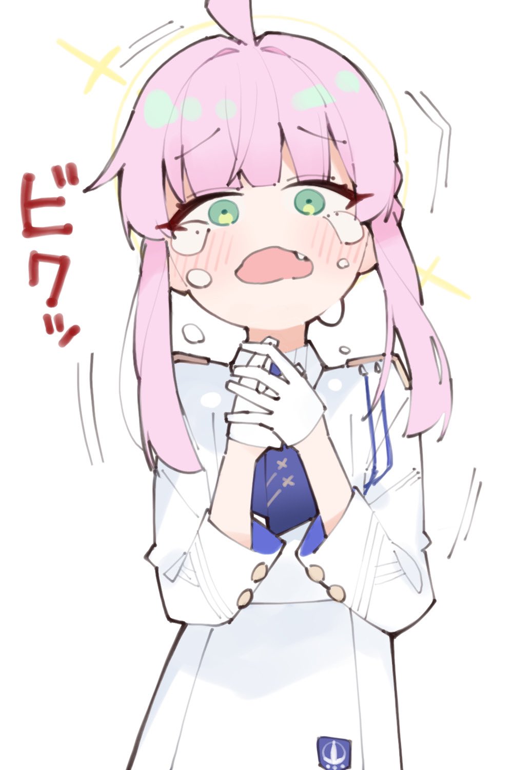 1girl, ahoge, blue_archive, blue_necktie, blush, crying, fang, gloves