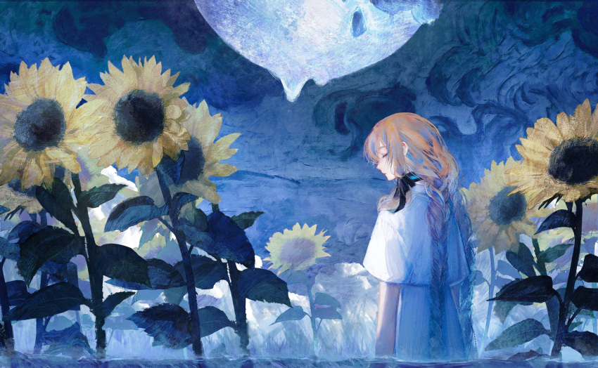 1girl, absurdres, blue_hair, braid, brown_hair, closed_eyes, dancing_stew, dazbee, dress, field, flower, flower_field, from_behind, highres, indie_utaite, long_hair, multicolored_hair, painting_(medium), scenery, sky, streaked_hair, sunflower, sunflower_(song), sunflower_field, traditional_media, twin_braids, utaite, very_long_hair, white_dress