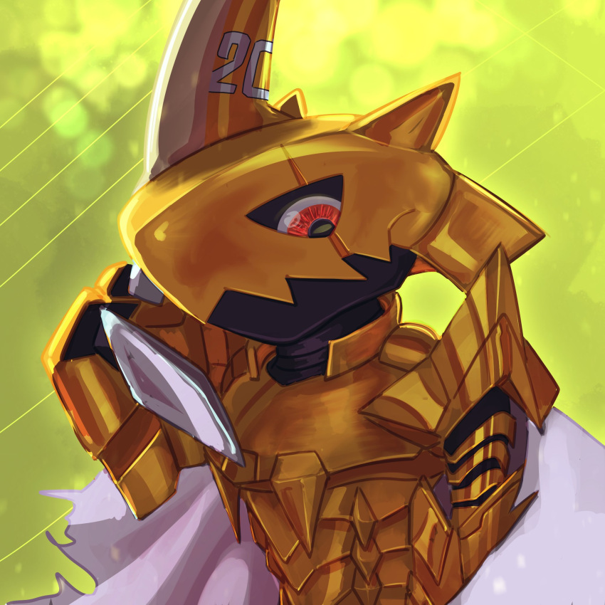 1other, blurry, blurry_background, cape, depth_of_field, digimon, digimon_(creature), highres, looking_at_viewer, notaventura, other_focus, solo, upper_body, zubamon