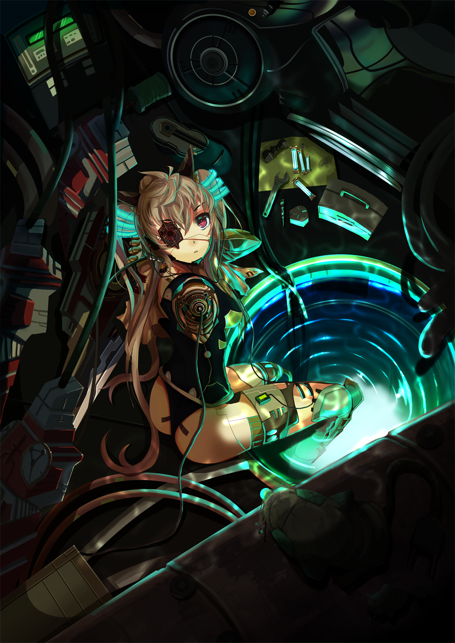 al_bhed_eyes, brown_hair, cable, cyborg, feet_in_water, highres, long_hair, looking_back