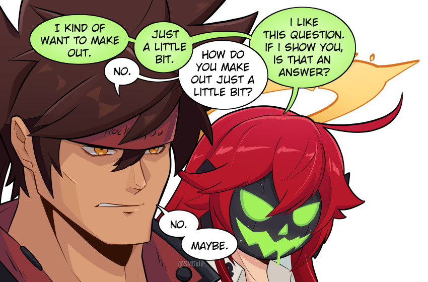 1boy, 1girl, absurdres, ahoge, broken_halo, brown_hair, clothes_writing, compass_rose_halo, drooling, english_text, glowing, glowing_eyes, glowing_mouth, green_eyes, grey_mask, guilty_gear, hair_between_eyes, halo, headband, hetero, highres, jack-o'_valentine, jacket, light_frown, long_hair, mask, multicolored_hair, open_mouth, parted_lips, ponytail, red_headband, red_jacket, redhead, simple_background, smgold, smile, sol_badguy, speech_bubble, spiky_hair, twitter_username, two-tone_hair, upper_body, white_background, white_hair, white_jacket, yellow_eyes