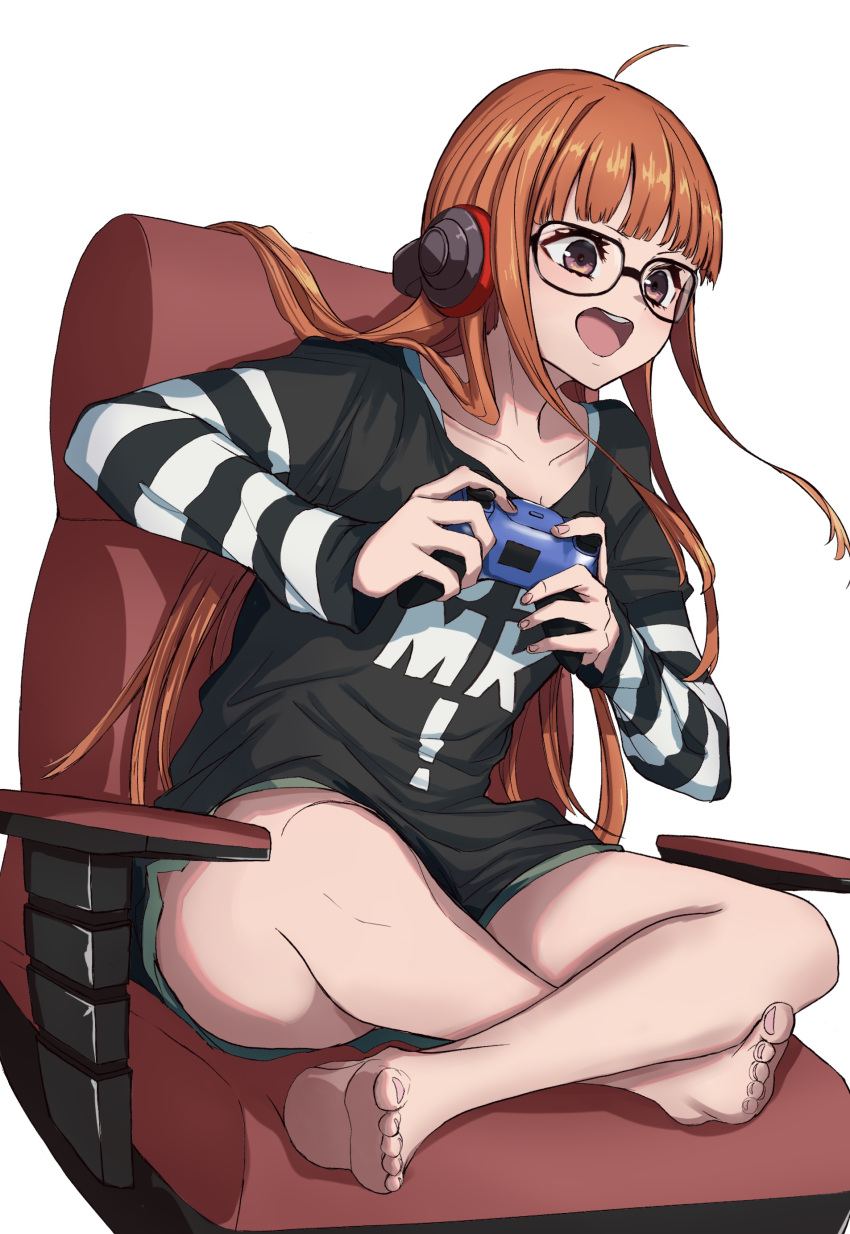 1girl, absurdres, barefoot, black_shirt, brown_hair, controller, crossed_legs, game_controller