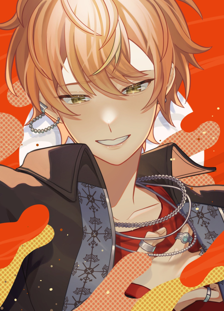 1boy, absurdres, blonde_hair, commentary_request, ear_chain, find_a_way_out_(project_sekai), hand_up, highres, jewelry, male_focus, multicolored_hair, necklace, official_alternate_costume, orange_eyes, orange_hair, project_sekai, red_shirt, ring, shinonome_akito, shirt, short_hair, solo, streaked_hair, teeth, two-tone_hair, upper_body, yk62