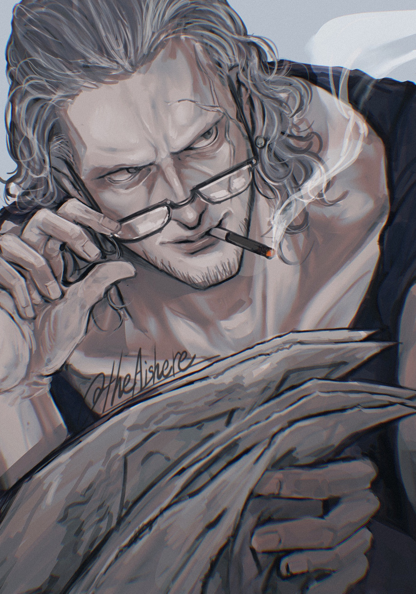 1boy, adjusting_eyewear, artist_name, benn_beckman, black_eyes, black_shirt, cigarette, facial_hair, glasses, grey_hair, highres, holding, holding_newspaper, la_la_la_la, male_focus, medium_hair, newspaper, one_piece, scar, scar_on_face, shirt, smoke, smoking, solo