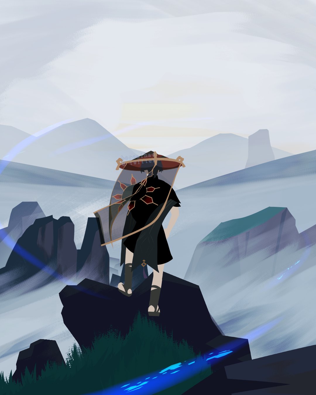 1boy, armor, borealhao, cliff, clouds, day, fine_art_parody, genshin_impact, hand_on_own_hip, hat, highres, japanese_armor, japanese_clothes, jingasa, kote, kurokote, outdoors, parody, scaramouche_(genshin_impact), sky, solo, wanderer_(genshin_impact), wanderer_above_the_sea_of_fog, wide_sleeves, wind