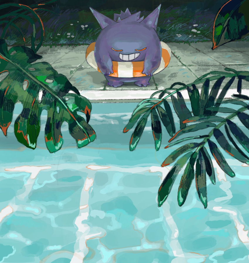 closed_eyes, commentary, english_commentary, full_body, gengar, grass, grin, highres