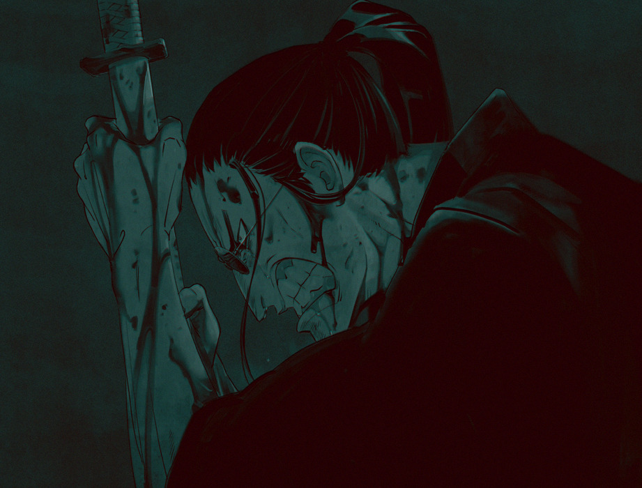 1boy, aged_down, angry, black_hair, blood, blood_on_face, blood_on_weapon, denjirou_(one_piece)