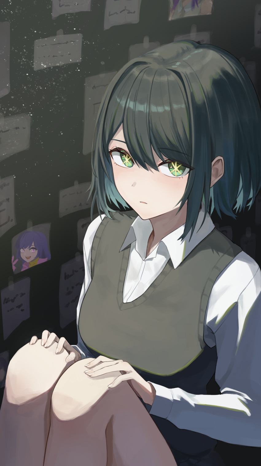 1girl, absurdres, black_sweater_vest, blue_hair, board, collared_shirt, green_eyes, hair_between_eyes