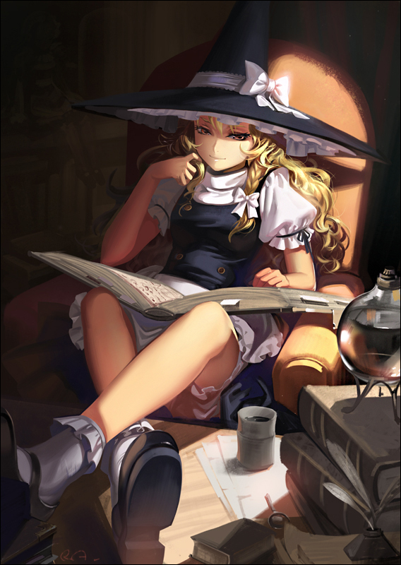 alphonse, armchair, blonde_hair, bobby_socks, book, braid, crossed_legs, feather_pen, feet_on_table, foreshortening, hat, kirisame_marisa, legs, mary_janes, quill, reading, shade, shoes, sitting, smile, socks, touhou, white_legwear, witch_hat, yellow_eyes