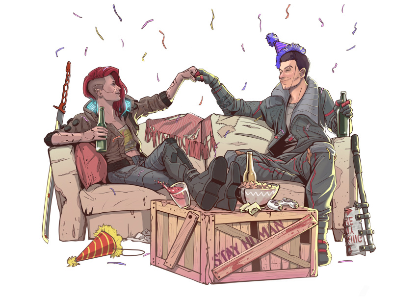 1boy, 1girl, black_hair, boots, bottle, bowl, brown_jacket, confetti