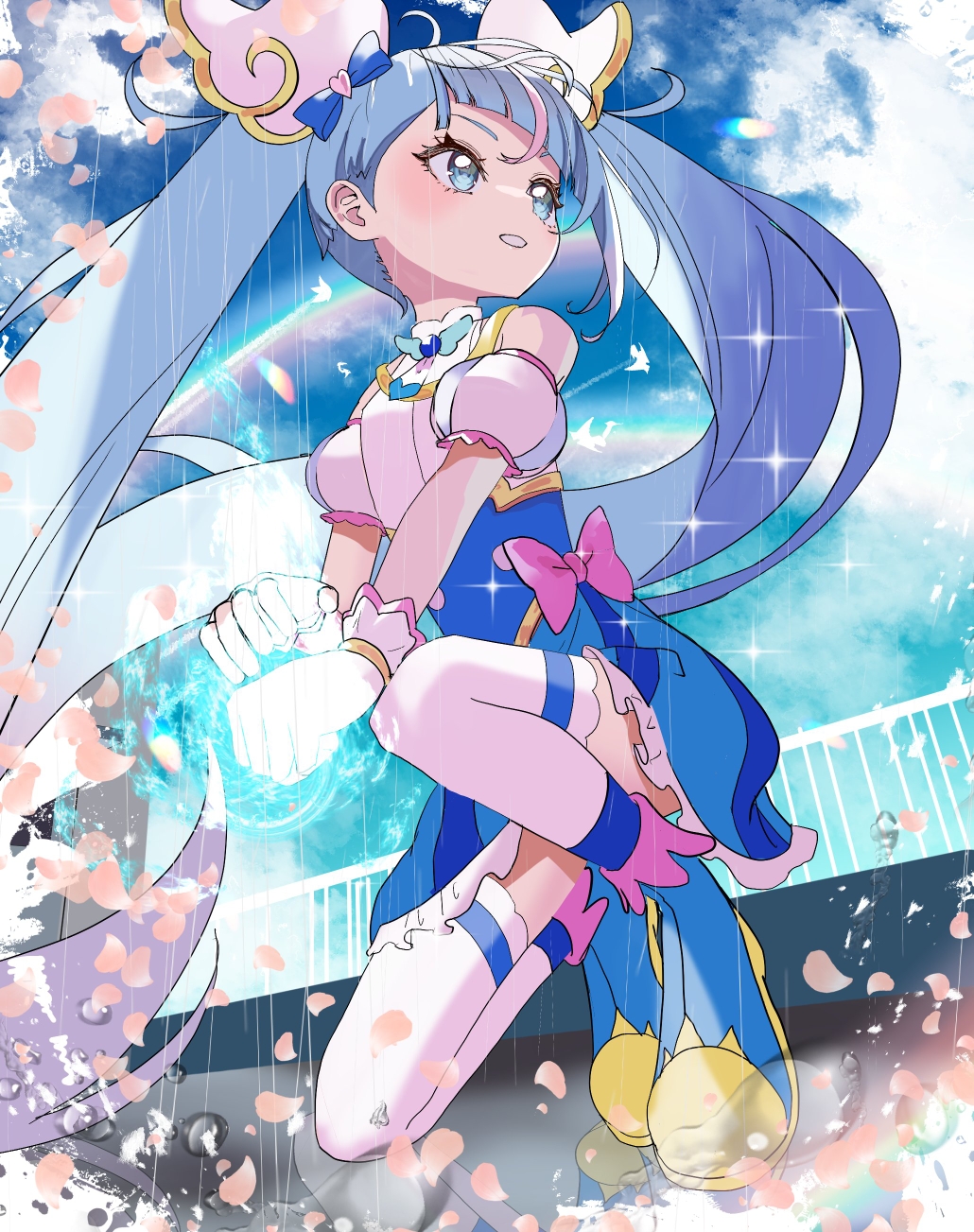 1girl, blue_dress, blue_eyes, blue_footwear, blue_hair, boots, bow, brooch