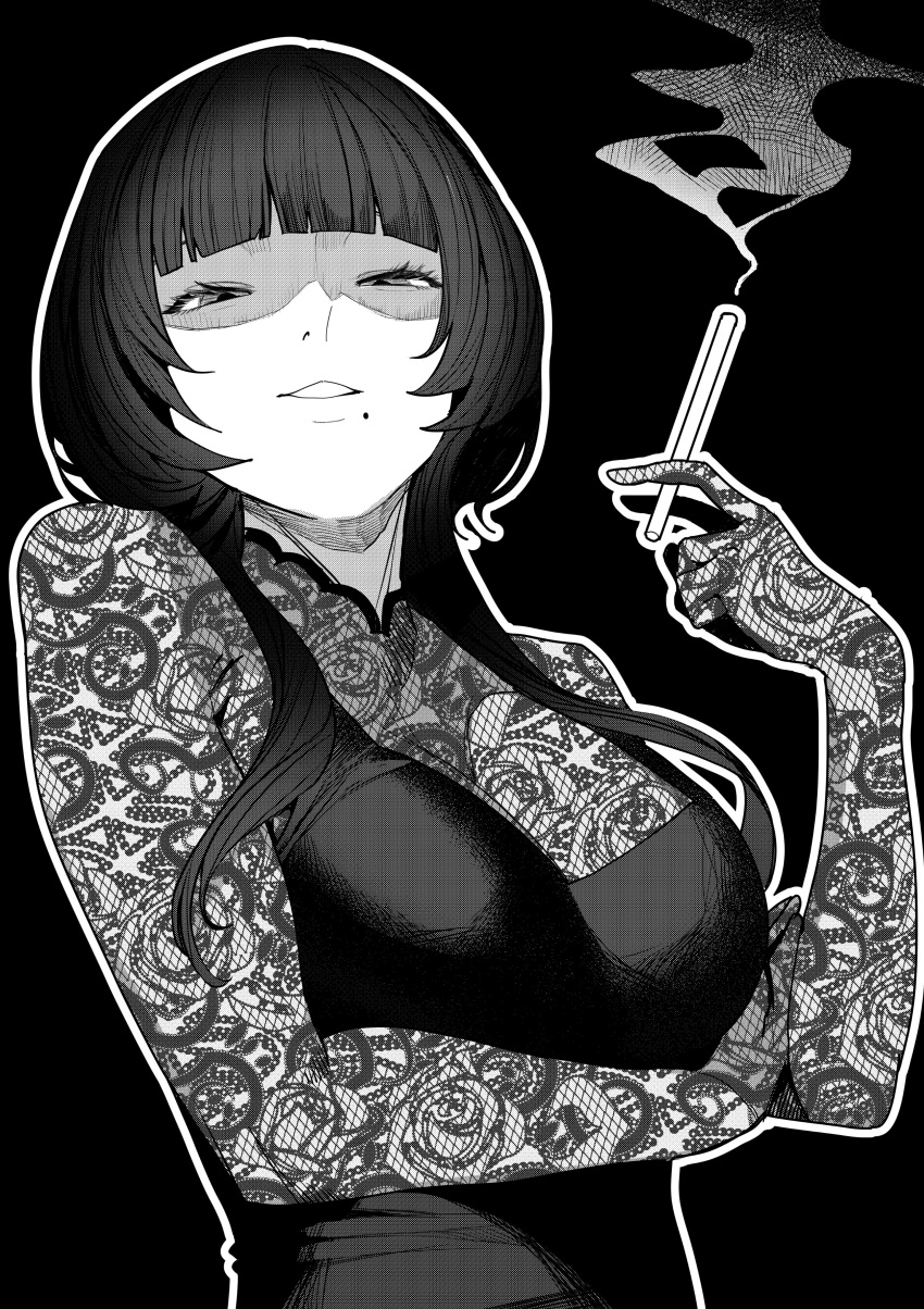 1girl, absurdres, ariadani_oriko, arm_under_breasts, black_background, black_dress, black_hair, blunt_bangs