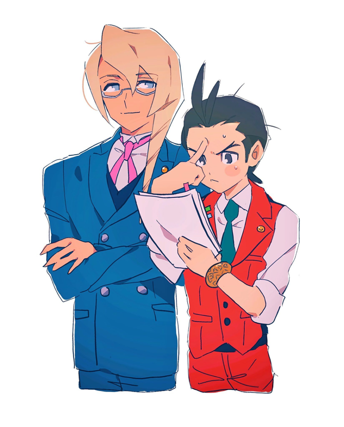 2boys, ace_attorney, antenna_hair, apollo_justice, blonde_hair, blue_eyes, blue_jacket, blue_pants
