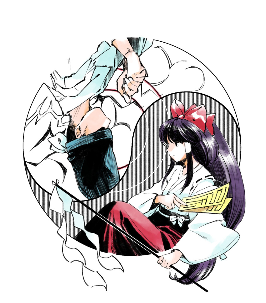 1boy, 1girl, black_hair, black_headwear, bow, closed_mouth, from_side, gohei