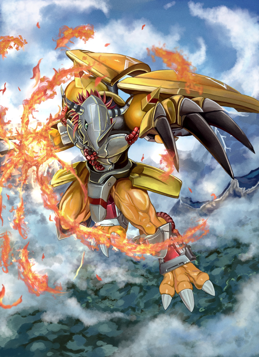 armor, claws, digimon, digimon_(creature), digimon_adventure, fire, flying, gauntlets, green_eyes, helmet, highres, horns, incoming_attack, kou_(xcws3487), monster, muscular, muscular_male, no_humans, redhead, reptile_boy, short_hair, wargreymon, wings, yellow_armor