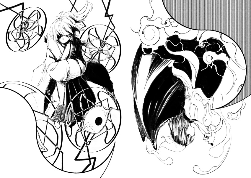 2girls, absurdres, demon_wings, greyscale, hakama, hands_in_opposite_sleeves, hat, highly_responsive_to_prayers