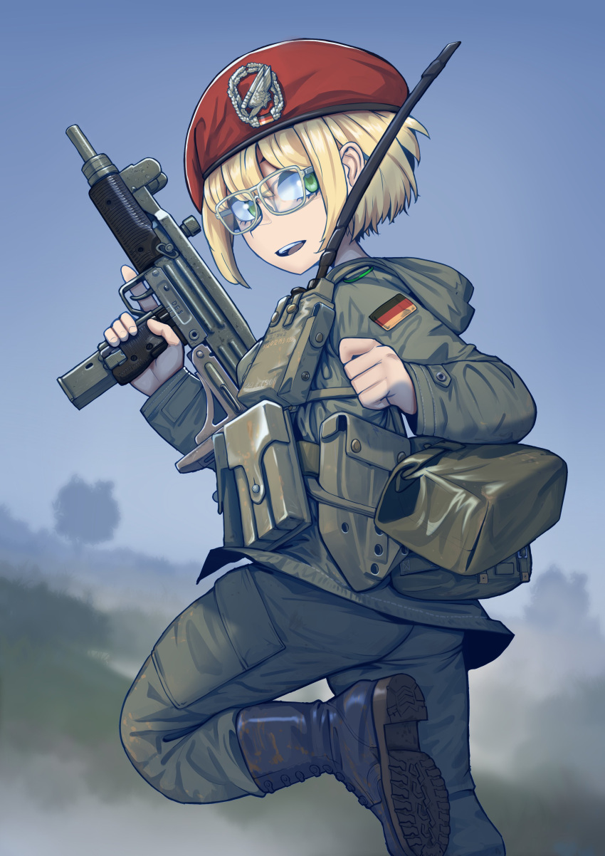 1girl, absurdres, ammunition_pouch, beret, blonde_hair, blurry, blurry_background, boots, commission, erica_(naze1940), fallschirmjager, german_army, german_flag, glasses, green_eyes, gun, hat, highres, holding, holding_gun, holding_weapon, hood, imi_uzi, load_bearing_equipment, looking_at_viewer, looking_back, machine_pistol, medal, open_mouth, original, pouch, radio, radio_antenna, red_headwear, short_hair, solo, standing, standing_on_one_leg, submachine_gun, tactical_clothes, trigger_discipline, walkie-talkie, weapon